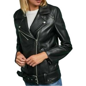 Anthropologie women's XS black moto faux leather midi whipstitch jacket biker